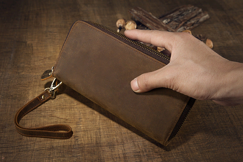 Men's long wallet original Crazy Horse cowhide genuine leather double zipper card holder large capacity retro men's clutch bag handbag 