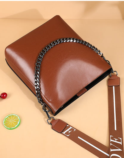 Women's Bag Genuine Leather Fashion Bucket Bag Handbag Personality Broadband Simple Shoulder Bag that goes with anything.Pochette