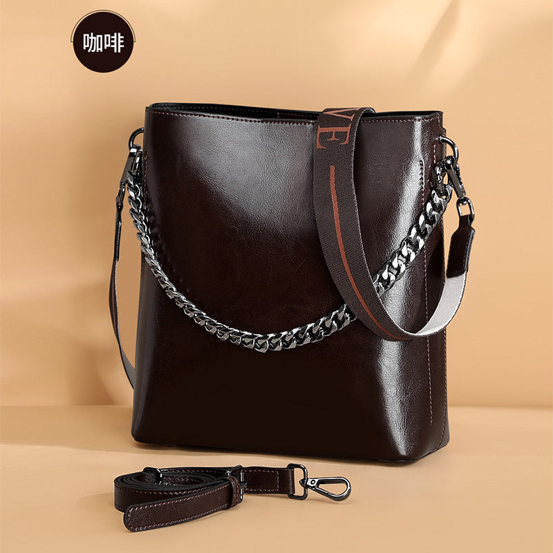 Women's Bag Genuine Leather Fashion Bucket Bag Handbag Personality Broadband Simple Shoulder Bag that goes with anything.Pochette