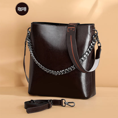 Women's Bag Genuine Leather Fashion Bucket Bag Handbag Personality Broadband Simple Shoulder Bag that goes with anything.Pochette