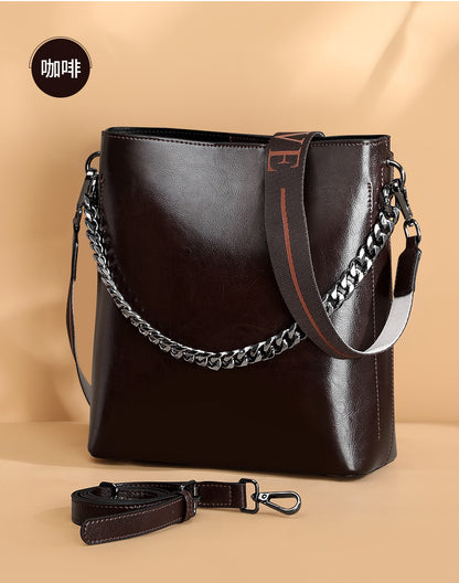 Women's Bag Genuine Leather Fashion Bucket Bag Handbag Personality Broadband Simple Shoulder Bag that goes with anything.Pochette