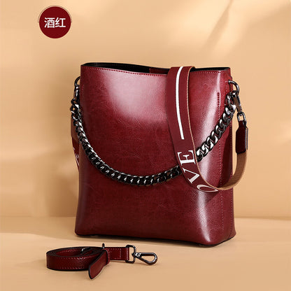 Women's Bag Genuine Leather Fashion Bucket Bag Handbag Personality Broadband Simple Shoulder Bag that goes with anything.Pochette