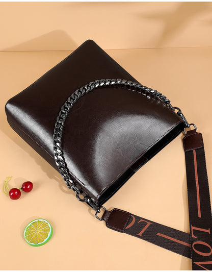 Women's Bag Genuine Leather Fashion Bucket Bag Handbag Personality Broadband Simple Shoulder Bag that goes with anything.Pochette