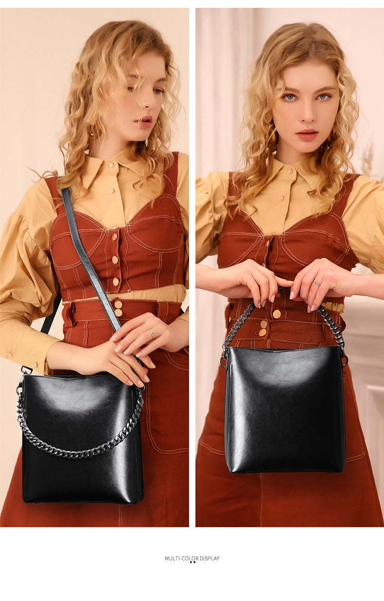 Women's Bag Genuine Leather Fashion Bucket Bag Handbag Personality Broadband Simple Shoulder Bag that goes with anything.Pochette
