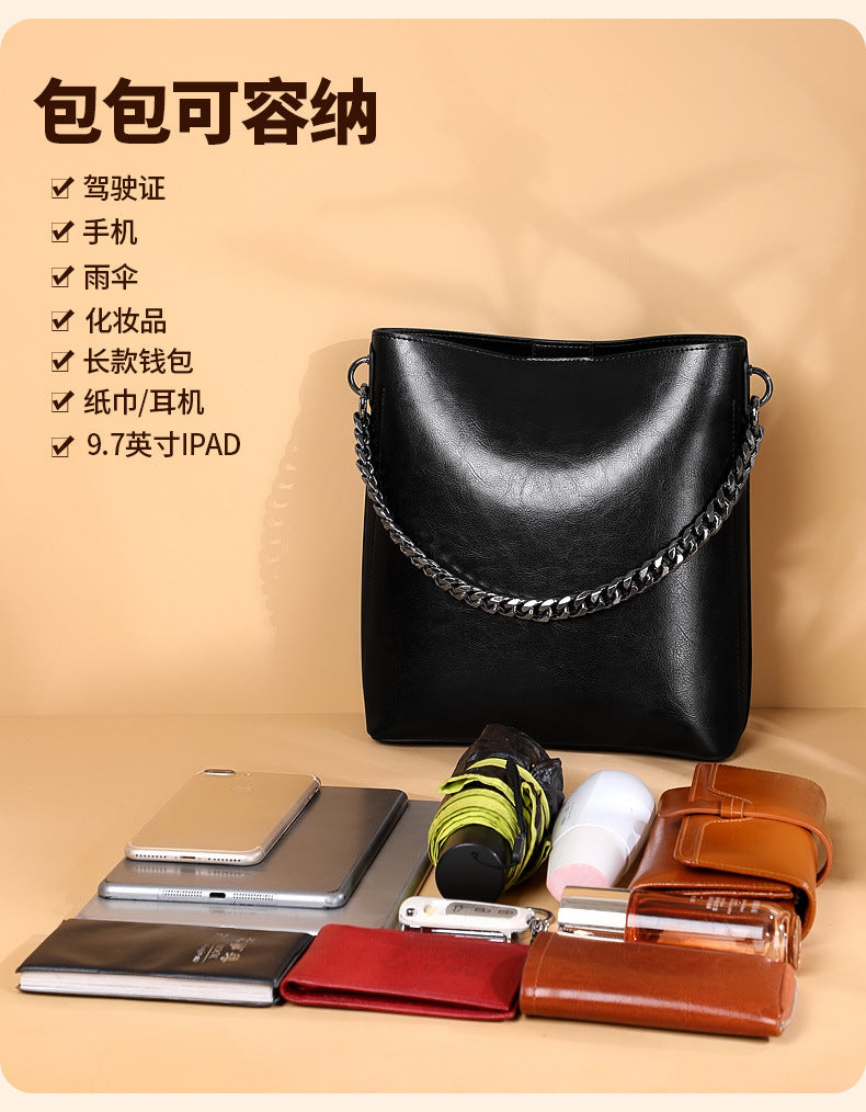 Women's Bag Genuine Leather Fashion Bucket Bag Handbag Personality Broadband Simple Shoulder Bag that goes with anything.Pochette