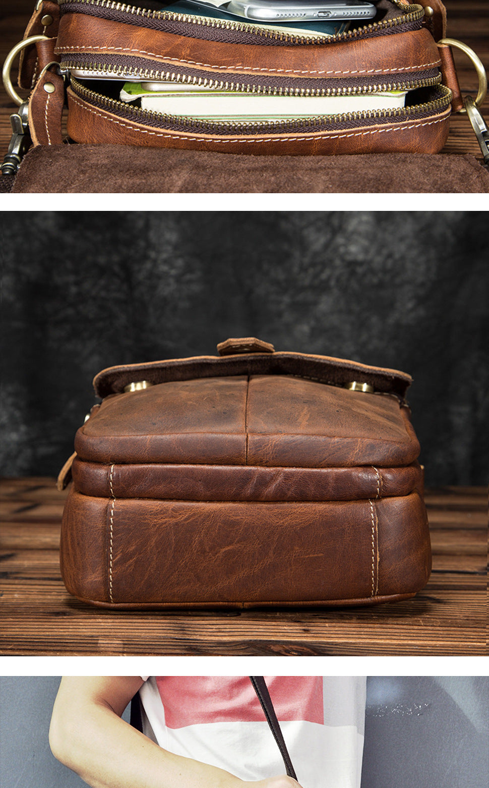 Men's Shoulder Bag Cowhide Genuine Leather Retro Outdoor Travel Crossbody Bag for Men 