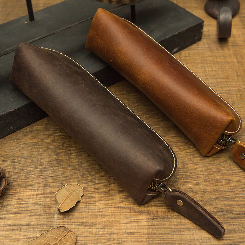 Pen case handmade cowhide genuine leather unisex retro unique zipper 