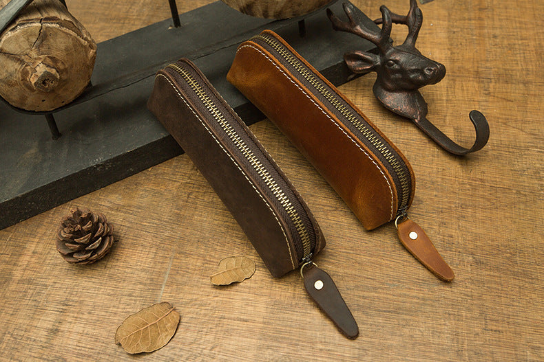 Pen case handmade cowhide genuine leather unisex retro unique zipper 