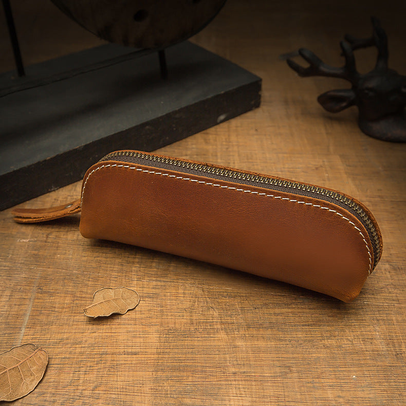 Pen case handmade cowhide genuine leather unisex retro unique zipper 