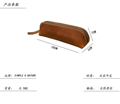 Pen case handmade cowhide genuine leather unisex retro unique zipper 
