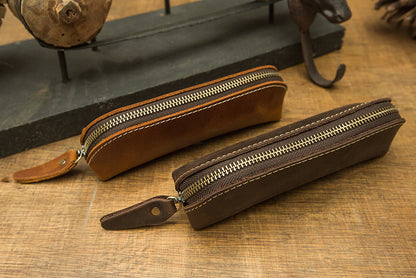 Pen case handmade cowhide genuine leather unisex retro unique zipper 