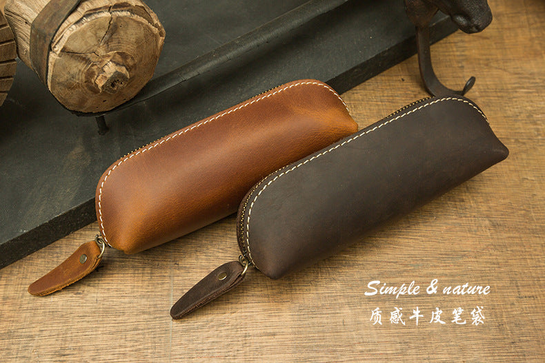 Pen case handmade cowhide genuine leather unisex retro unique zipper 