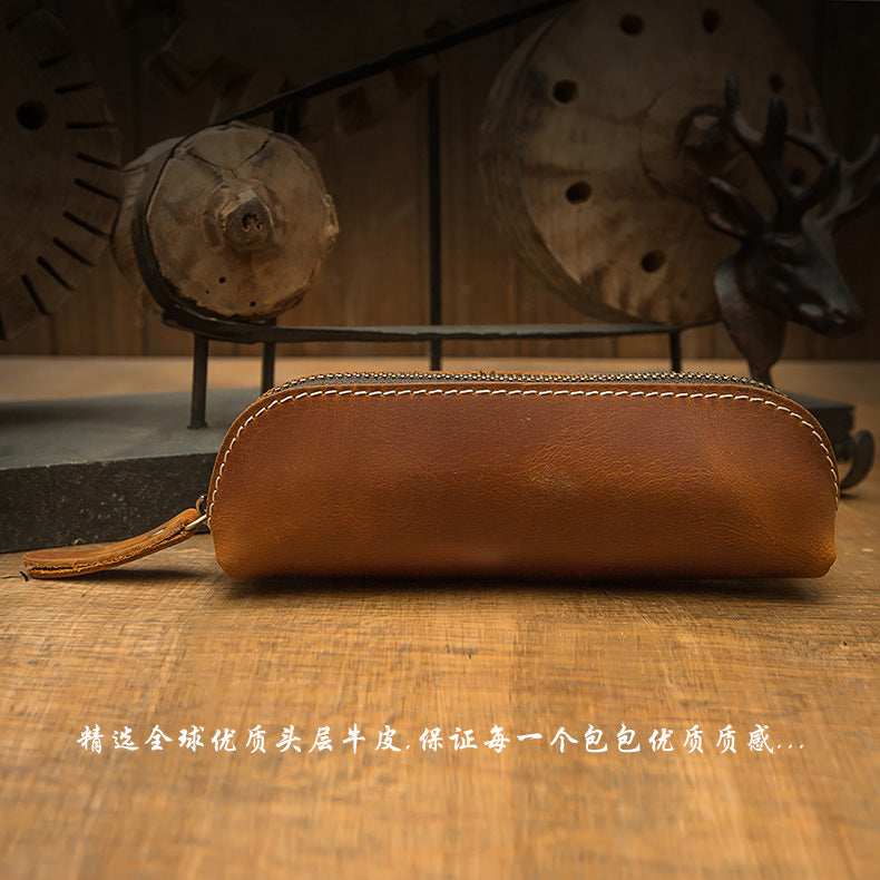 Pen case handmade cowhide genuine leather unisex retro unique zipper 