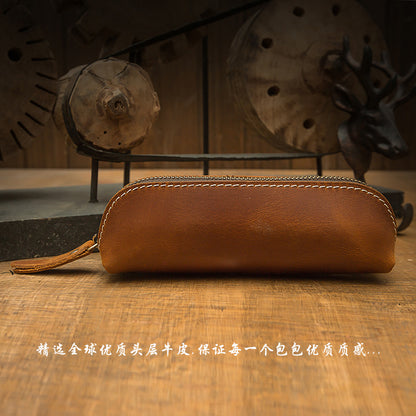 Pen case handmade cowhide genuine leather unisex retro unique zipper 