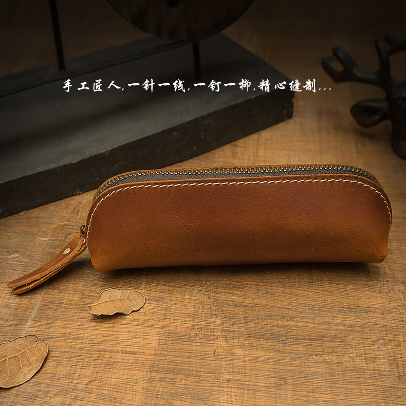 Pen case handmade cowhide genuine leather unisex retro unique zipper 