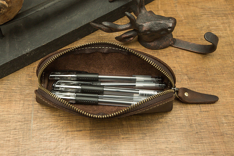 Pen case handmade cowhide genuine leather unisex retro unique zipper 