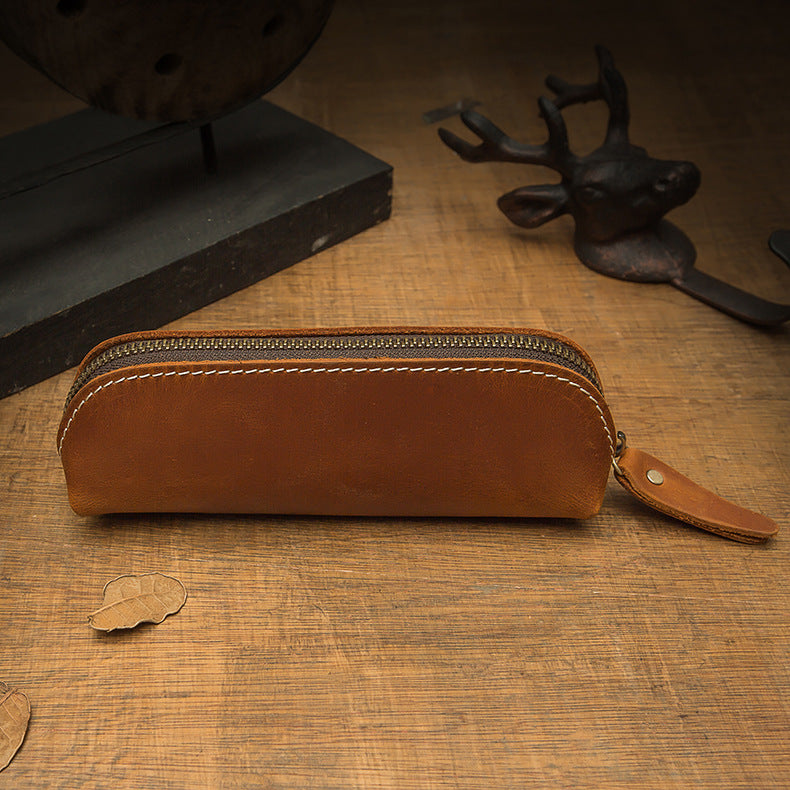 Pen case handmade cowhide genuine leather unisex retro unique zipper 