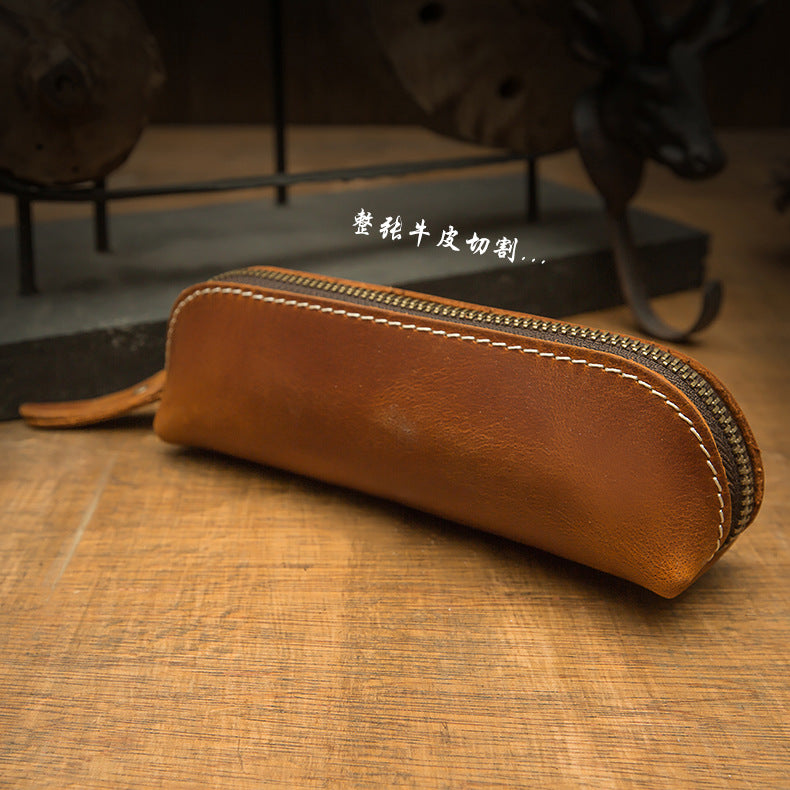 Pen case handmade cowhide genuine leather unisex retro unique zipper 