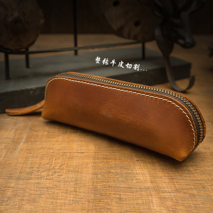 Pen case handmade cowhide genuine leather unisex retro unique zipper 