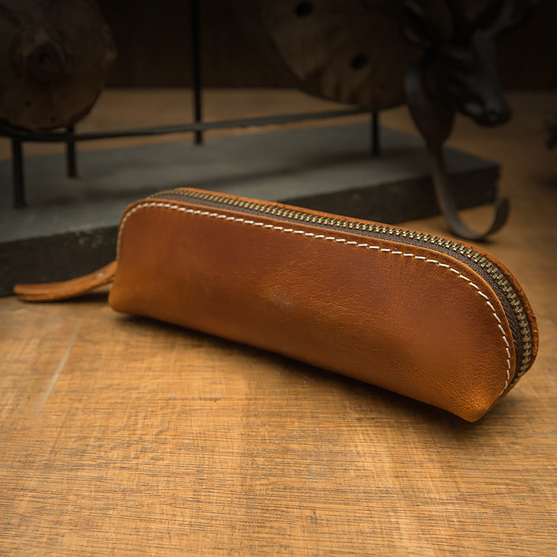 Pen case handmade cowhide genuine leather unisex retro unique zipper 