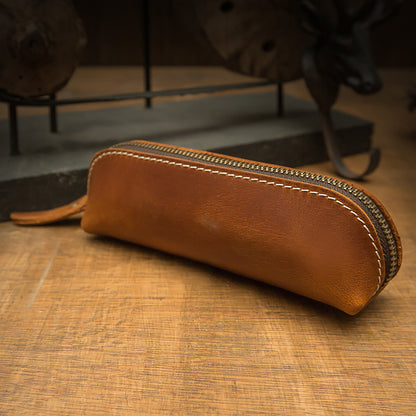 Pen case handmade cowhide genuine leather unisex retro unique zipper 