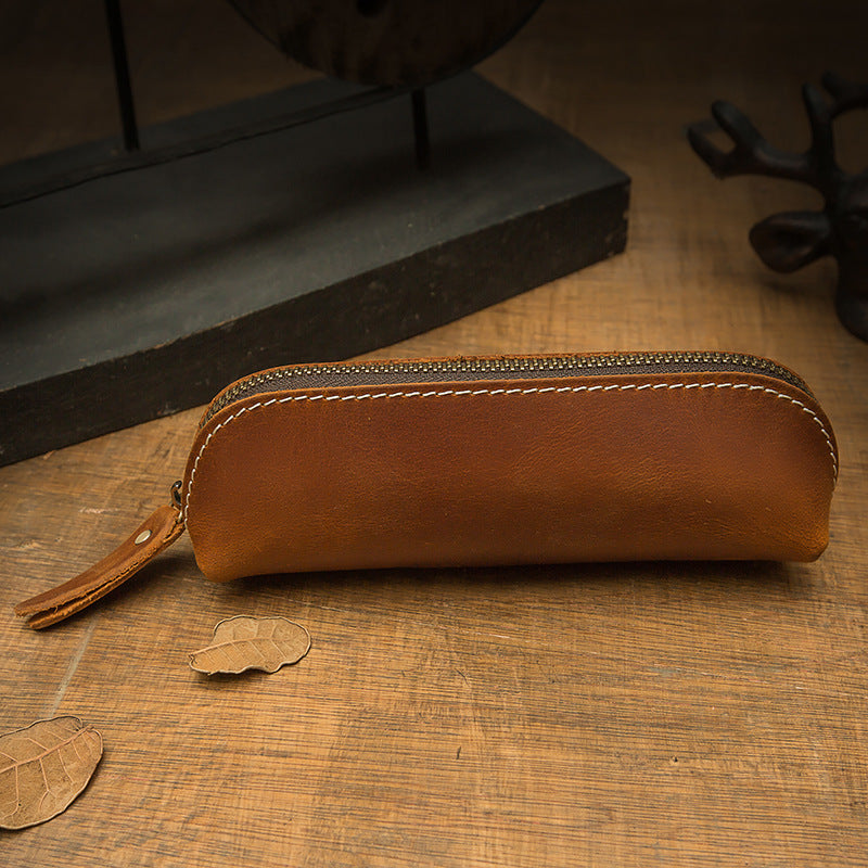 Pen case handmade cowhide genuine leather unisex retro unique zipper 