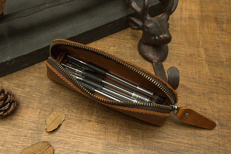 Pen case handmade cowhide genuine leather unisex retro unique zipper 