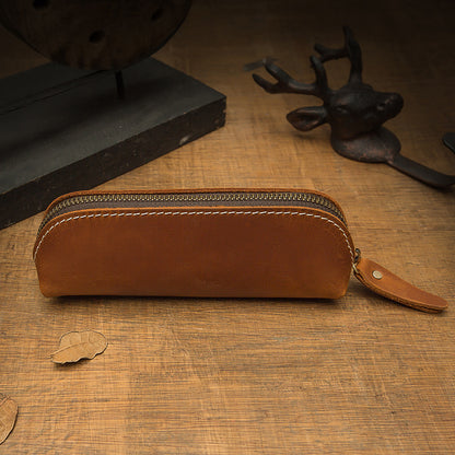 Pen case handmade cowhide genuine leather unisex retro unique zipper 