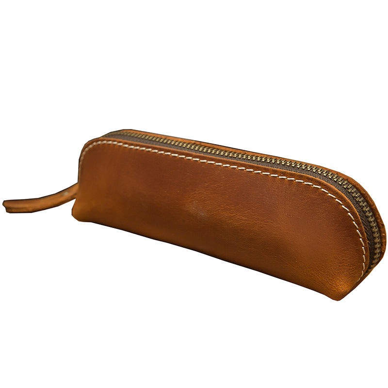 Pen case handmade cowhide genuine leather unisex retro unique zipper 
