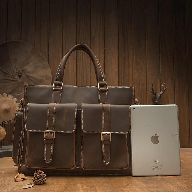 Men's Handbag Handbag Handmade Retro Cowhide Genuine Leather Shoulder Bag Crossbody Bag Crazy Horse Cambridge Briefcase 