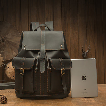 Men's backpack handmade original cowhide genuine leather retro fashion unisex casual bag 