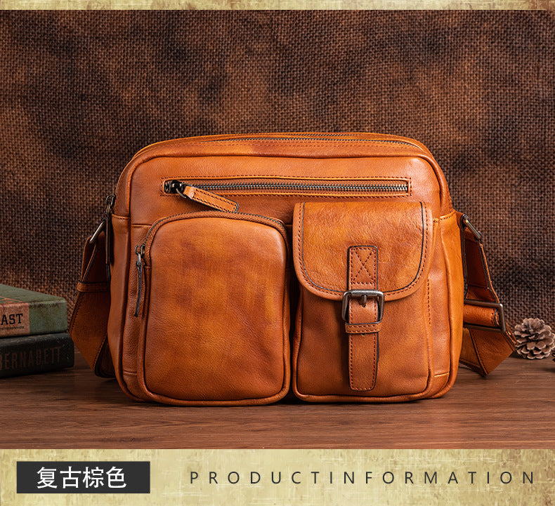 Men's Shoulder Bag Genuine Cowhide Leather Casual Manually Colored Men's Crossbody Bag 