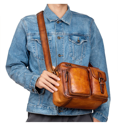 Men's Shoulder Bag Genuine Cowhide Leather Casual Manually Colored Men's Crossbody Bag 