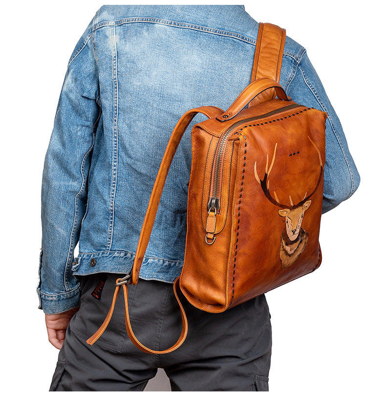 Men's backpack cowhide genuine leather unique fashion travel bag 
