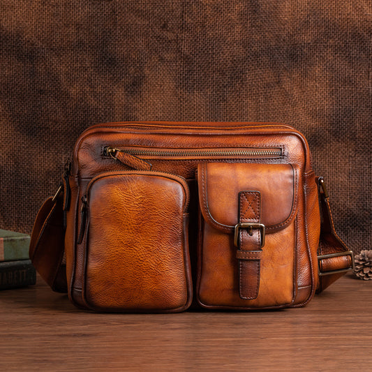 Men's Shoulder Bag Genuine Cowhide Leather Casual Manually Colored Men's Crossbody Bag 