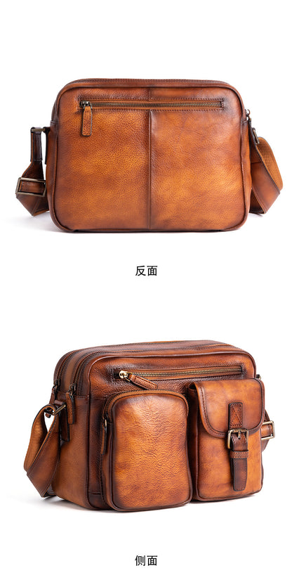 Men's Shoulder Bag Genuine Cowhide Leather Casual Manually Colored Men's Crossbody Bag 