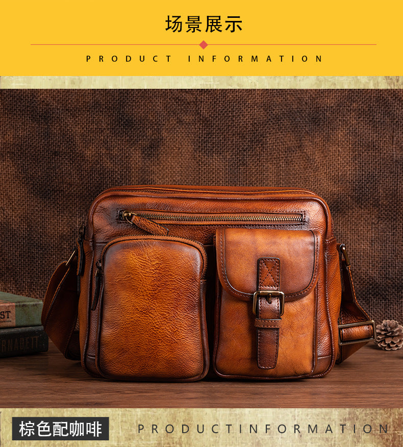 Men's Shoulder Bag Genuine Cowhide Leather Casual Manually Colored Men's Crossbody Bag 