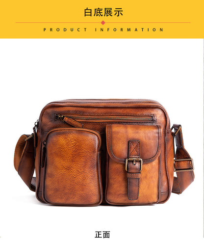 Men's Shoulder Bag Genuine Cowhide Leather Casual Manually Colored Men's Crossbody Bag 