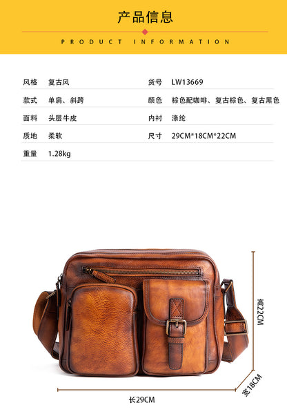 Men's Shoulder Bag Genuine Cowhide Leather Casual Manually Colored Men's Crossbody Bag 
