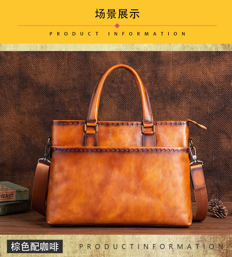 Men's Briefcase Genuine Cowhide Leather Retro Unique Handbag for Men 