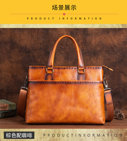 Men's Briefcase Genuine Cowhide Leather Retro Unique Handbag for Men 
