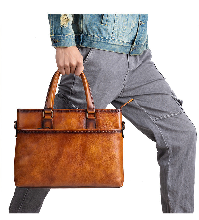 Men's Briefcase Genuine Cowhide Leather Retro Unique Handbag for Men 