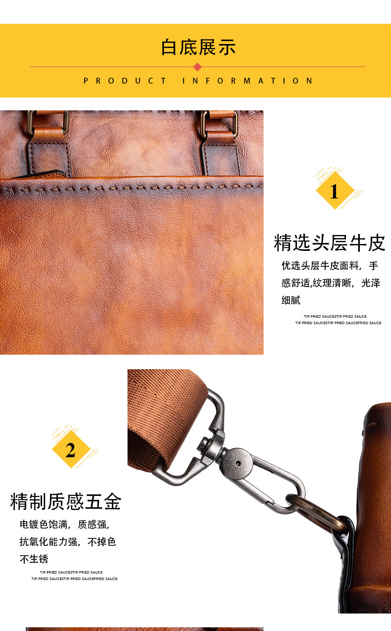 Men's Briefcase Genuine Cowhide Leather Retro Unique Handbag for Men 