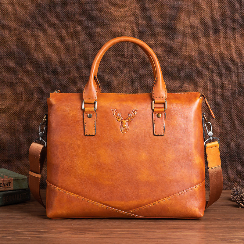 Men's Briefcase Genuine Cowhide Leather Retro Unique Handbag for Men 