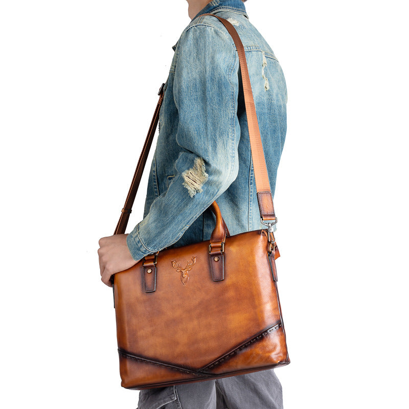 Men's Briefcase Genuine Cowhide Leather Retro Unique Handbag for Men 