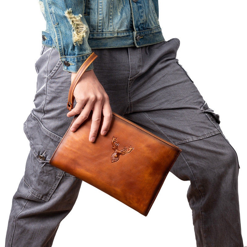 Men's Clutch Bag Genuine Cowhide Leather Retro Casual Men's Handbag 