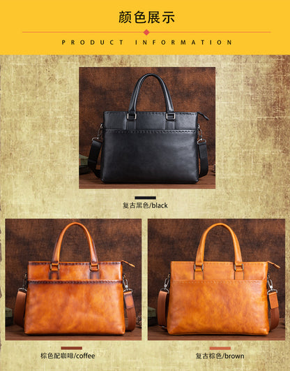 Men's Briefcase Genuine Cowhide Leather Retro Unique Handbag for Men 