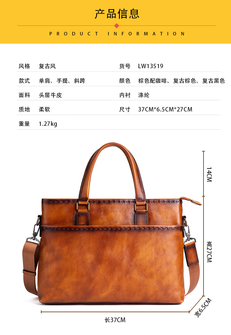 Men's Briefcase Genuine Cowhide Leather Retro Unique Handbag for Men 