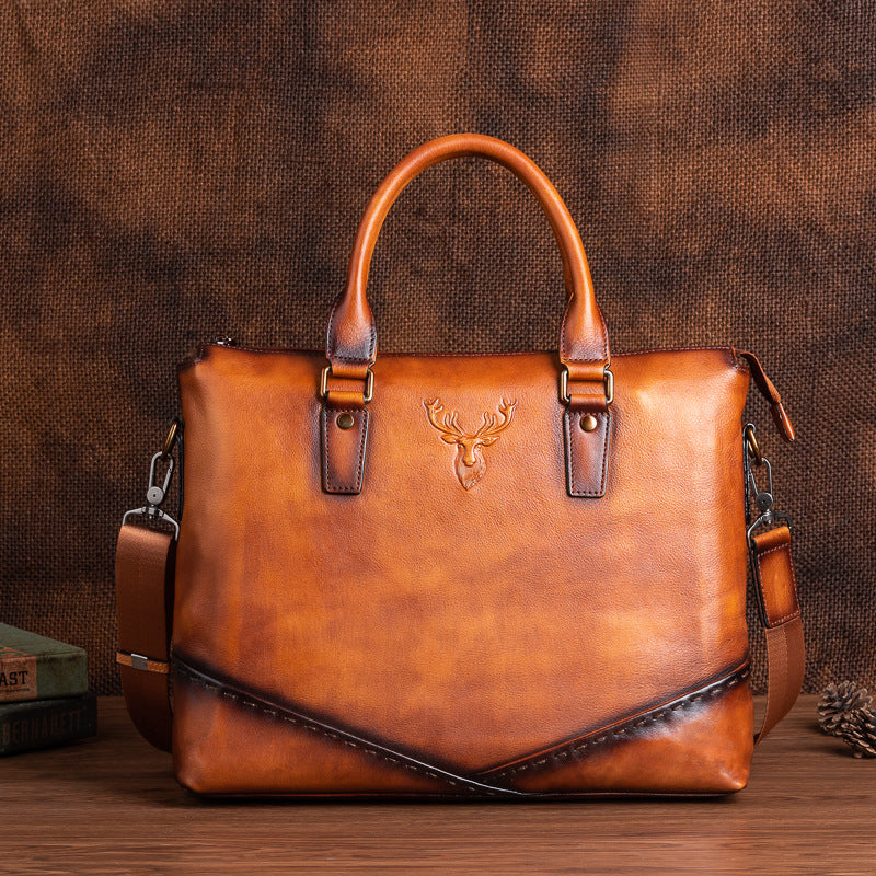 Men's Briefcase Genuine Cowhide Leather Retro Unique Handbag for Men 