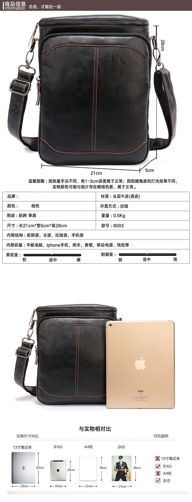 Men's Shoulder Bag Genuine Cowhide Business Briefcase Retro Fashion Men Crossbody Bag